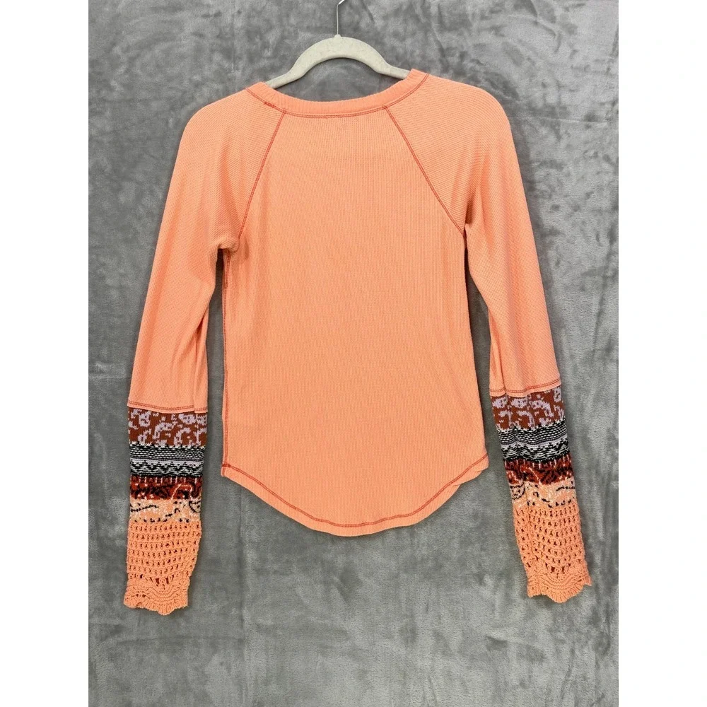 Free People Large In‎ The Mix Desert Orange Crochet Cuff Waffle Knit Thermal Top